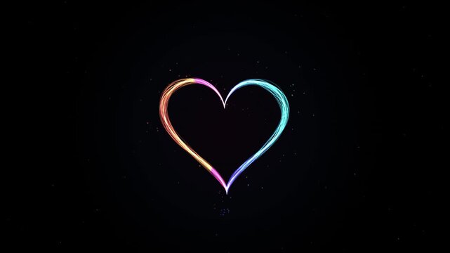 Neon glowing heart shape outline with vibrant gradient colors on a dark background with floating particles 4k video