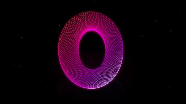 Abstract glowing pink and blue neon wireframe torus shape rotating in dark space 4k video