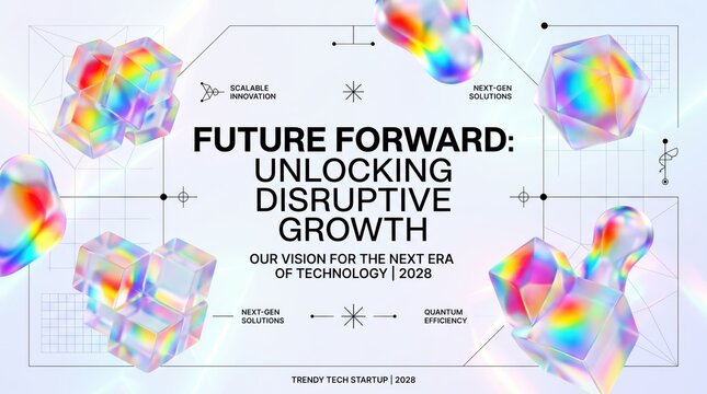 Futuristic tech presentation slide with holographic crystals, abstract 3D geometric shapes on white background, modern corporate business template