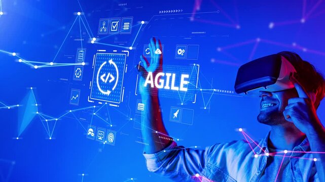 A user explores an immersive virtual reality environment, showcasing the intersection of technology and creativity, with a focus on agile development and innovation. Raster