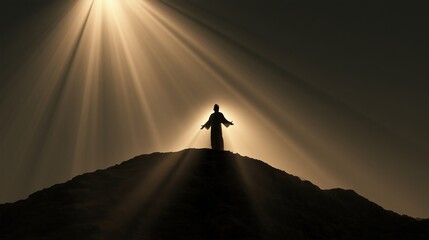 Fototapeta premium Jesus Christ stands on a hill with arms outstretched while light shines all around