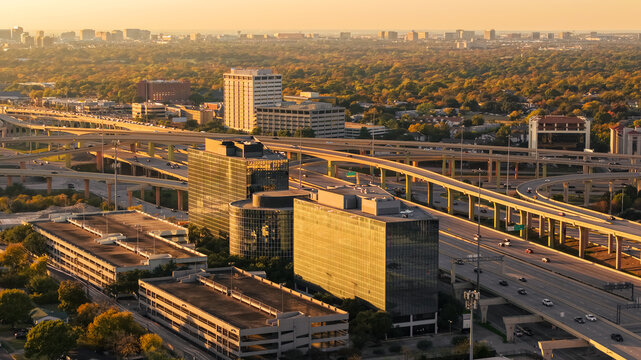 Dallas Texas High Five Interchange aerial sunset view