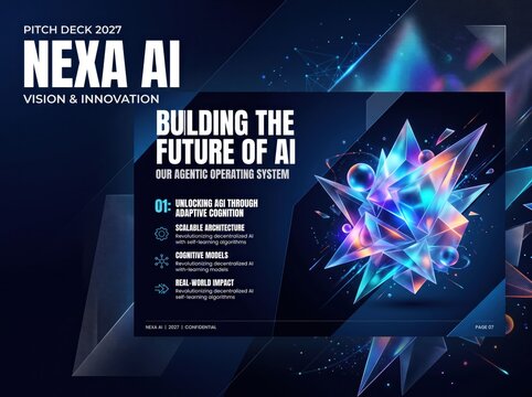 Futuristic AI pitch deck template, dark blue business presentation slide, abstract glowing crystal graphic