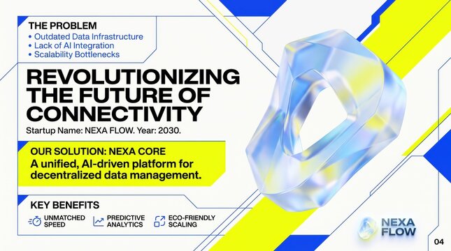 Futuristic tech presentation slide, corporate pitch deck template for AI startup, digital connectivity and data management infographic