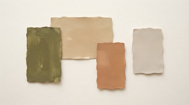Four rectangular paper swatches with natural earth tone paint colors arranged artistically on a plain flat surface