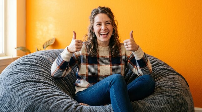 Cheerful young woman laughing and showing double thumbs up while relaxing on a large bean bag chair at home against an orange wall.