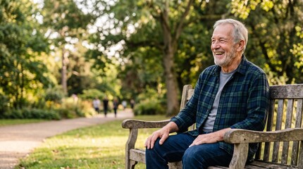 Fototapeta premium Elderly Man Laughing on Park Bench in Summer Sunlight