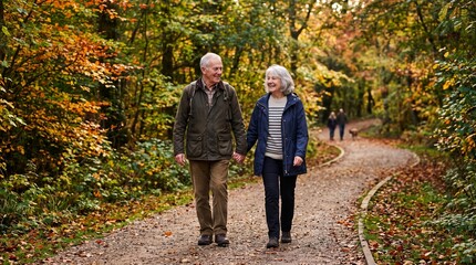 Fototapeta premium Happy senior couple holding hands walking on a forest path during autumn