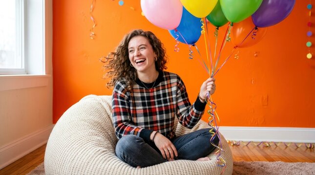 Happy young woman with curly hair laughing while holding a bunch of colorful balloons at a party in a vibrant orange room