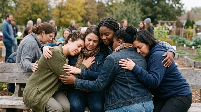 Diverse group of women embracing in a supportive circle outdoors