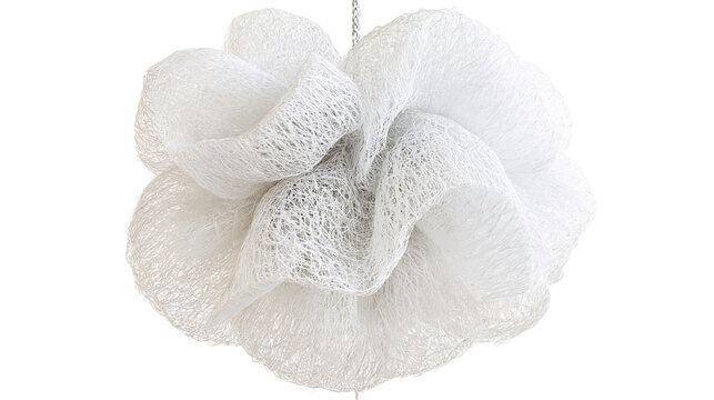 Isolated fluffy white mesh bath pouf for shower or exfoliation, personal hygiene item
