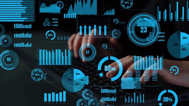 Explore the convergence of technology and data with this striking image depicting digital graphs and hands on a keyboard, symbolizing data-driven decision-making. Xenic