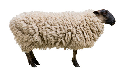 Isolated adult domestic sheep with a dark face and abundant, textured wool standing full body. © Niamh