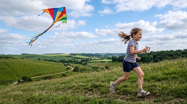 Joyful young girl running with a colorful kite in a green rolling landscape