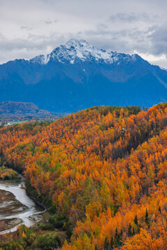 Pioneer Peak with autumn foliage in Matanuska Valley Alaska