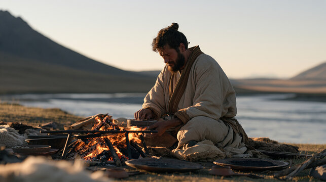 A bronze foundry worker at golden hour beside a riverside campfire calmly correcting a misaligned casting mould, a quiet reflective pause before the pour restarts, wide