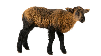 Isolated adorable young lamb with distinctive curly brown and black wool standing alertly © Niamh