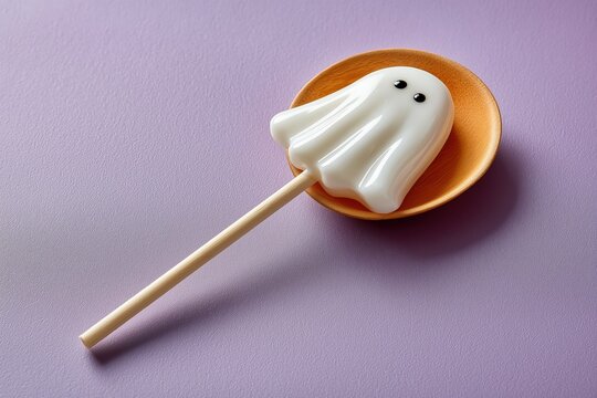 A cute ghost-shaped lollipop for Halloween. Minimalist sweet candy treat on a purple background. Holiday still life with copy space