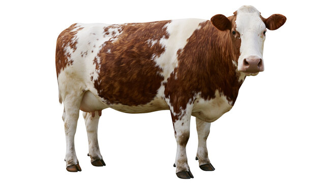 Isolated beautiful full body shot of a brown and white dairy cow standing on its own