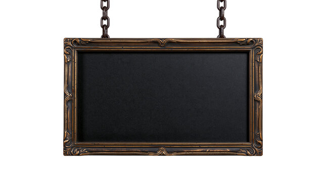 Isolated ornate antique hanging chalkboard sign with decorative gold frame and heavy metal chains