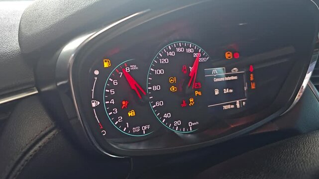 Vehicle instrument panel being activated with indicator lights illuminated.