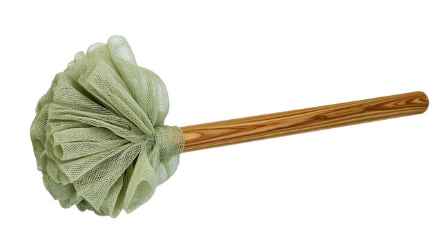 Isolated green mesh loofah back scrubber with long wooden handle for bath and shower hygiene.