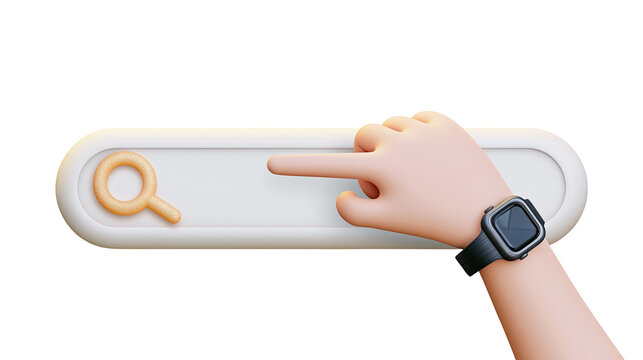 Isolated 3D cartoon hand with smartwatch pointing into search bar with magnifying glass icon.