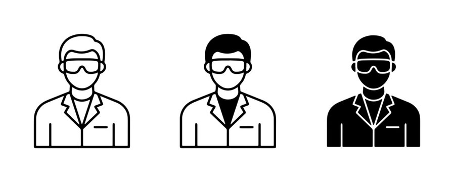 Scientist Icon Set, Lab Coat and Goggles Person Graphics, Medical Researcher and Chemist Symbols