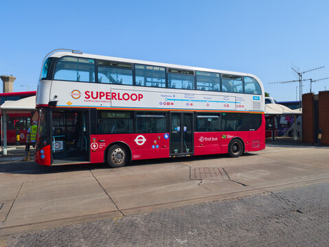 Red and White TfL Superloop SL9 Electric Double-Decker Bus