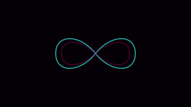 Neon infinity symbol animation: glowing cyan and magenta loop for modern digital backgrounds and abstract motion 4k