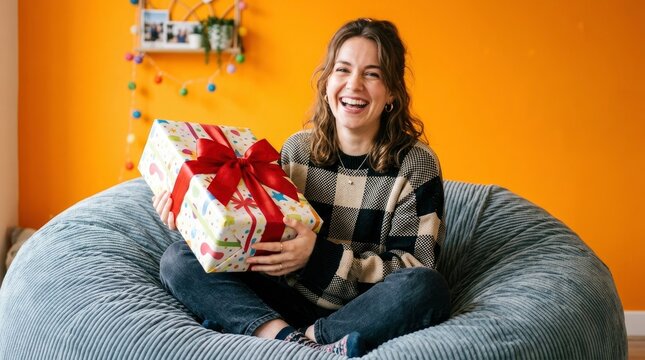 Happy young woman sitting on a beanbag chair holding a large wrapped gift with a red bow