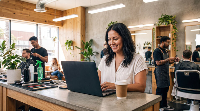 Business owner using laptop in a modern hair salon for management and online booking tasks