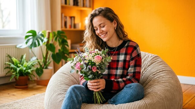 Happy young woman with curly hair sitting in a beanbag chair and holding a beautiful bouquet of flowers in a cozy living room