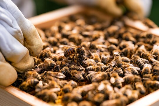 Beekeeper inspecting honey bees on a honeycomb frame
