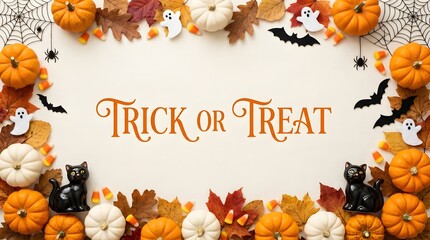 Fototapeta premium Trick or treat text surrounded by pumpkins autumn leaves and spooky halloween decorations on white background