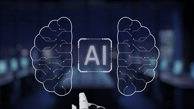 A robotic hand points toward an AI symbol amidst a digital brain illustration, representing the intersection of technology and innovation in a dynamic workspace. Synapse