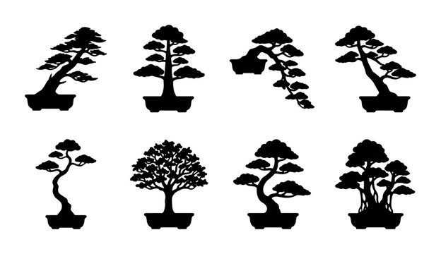 Set of 8 Black Silhouette Bonsai Trees, Miniature Potted Plants, Zen Garden Elements, Decorative Asian Flora Vector Icons