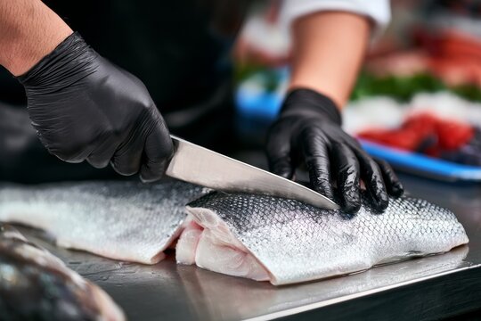 Chef scaling fresh red snapper fish in kitchen