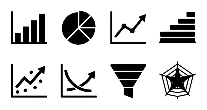 Business Data Icons: Bar Chart, Pie Chart, Line Graph, Stairs, Scatter Plot, Curve, Funnel, Spider Chart, Vector Graphics for Analytics