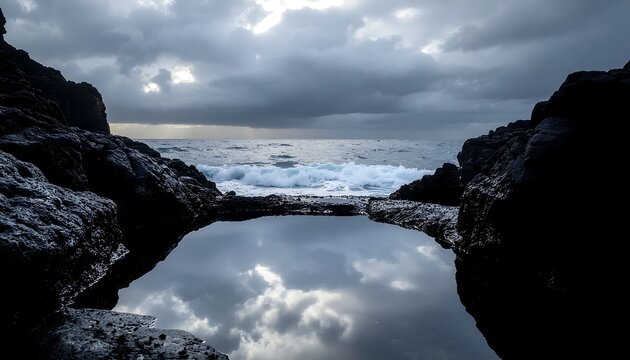 Rocky coastline with reflective tide pool and stormy ocean waves