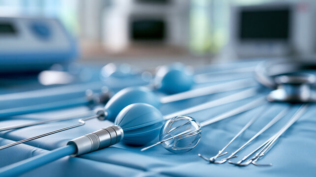Angioplasty catheters, balloon stents and guidewires arranged on sterile azure surgical drape ready for endovascular cardiac procedure, defocused equipment arrangement, with copy