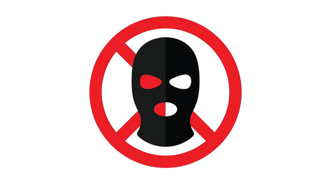 Black balaclava mask inside a red forbidden circular sign symbolizing safety protection and crime prevention concepts