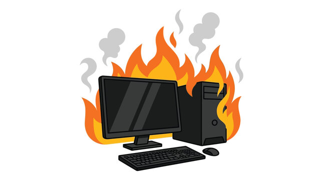 Desktop computer tower with monitor and keyboard engulfed in bright orange flames of intense heat