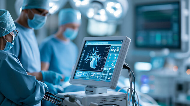 Cardiac catheterization operating room scene with surgical team and sterile instruments for interventional cardiology procedure, defocused clinical environment visualization, with