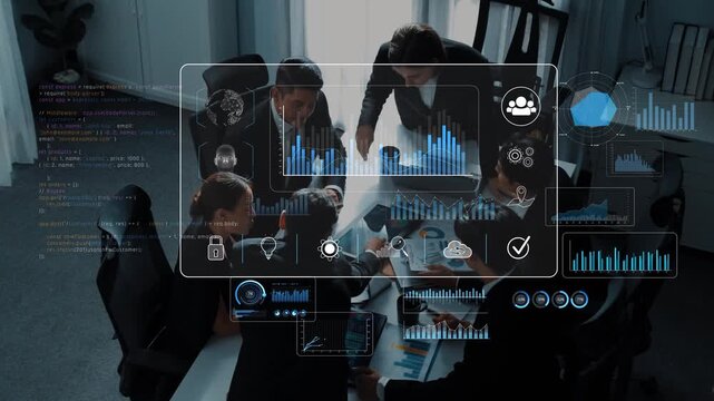 A dynamic business team collaborates in a modern office, utilizing advanced digital tools for data analysis and strategy development in an innovative work environment. Raster