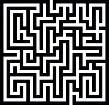Black and white geometric maze illustration with square labyrinth and bold pathways