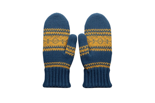 Blue knitted mittens with yellow geometric winter pattern