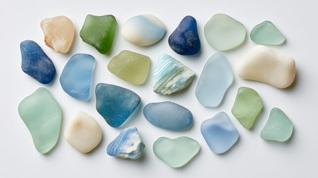 assorted frosted sea glass pieces isolated on white background