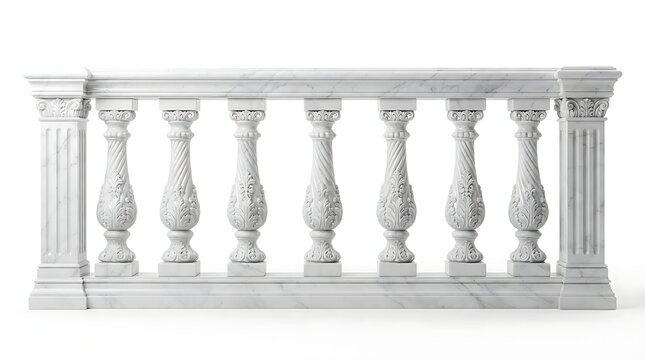 Classic white stone balustrade railing with decorative carved pillars for building balcony or garden terrace design