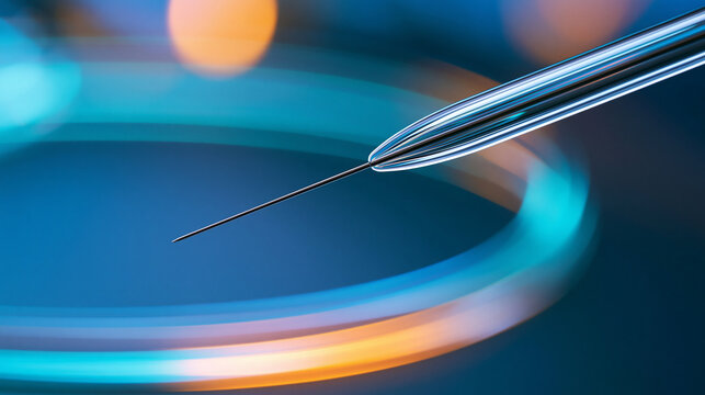 Medical catheter tip closeup, highlighting its delicate structure and sharp needle for precise fluid or medication delivery, defocused precision instrument detail, with copy space